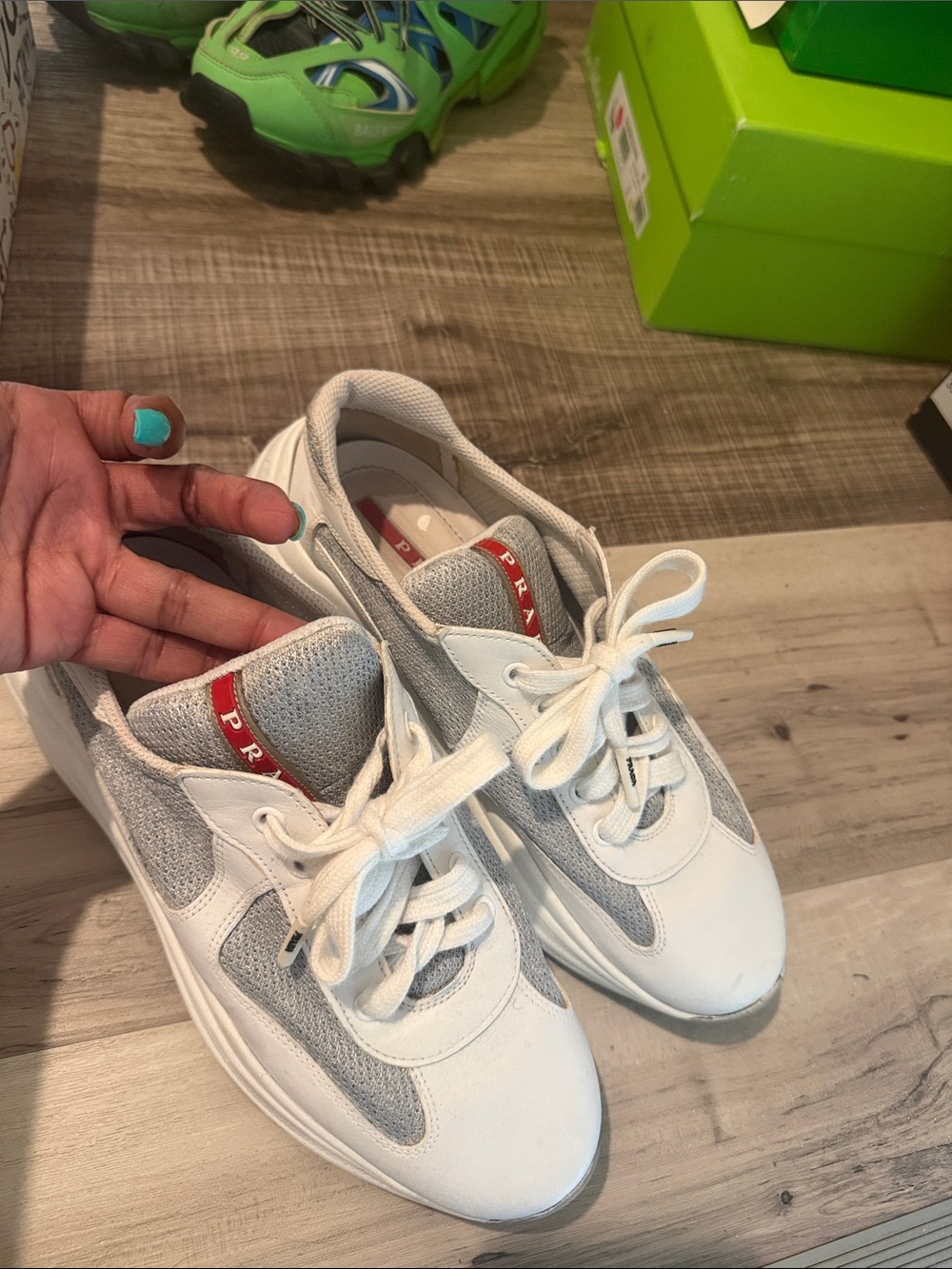 Authentic Prada White & Gray Mesh Leather Sneakers with Red Tongue Logo - Picture 2 of 5